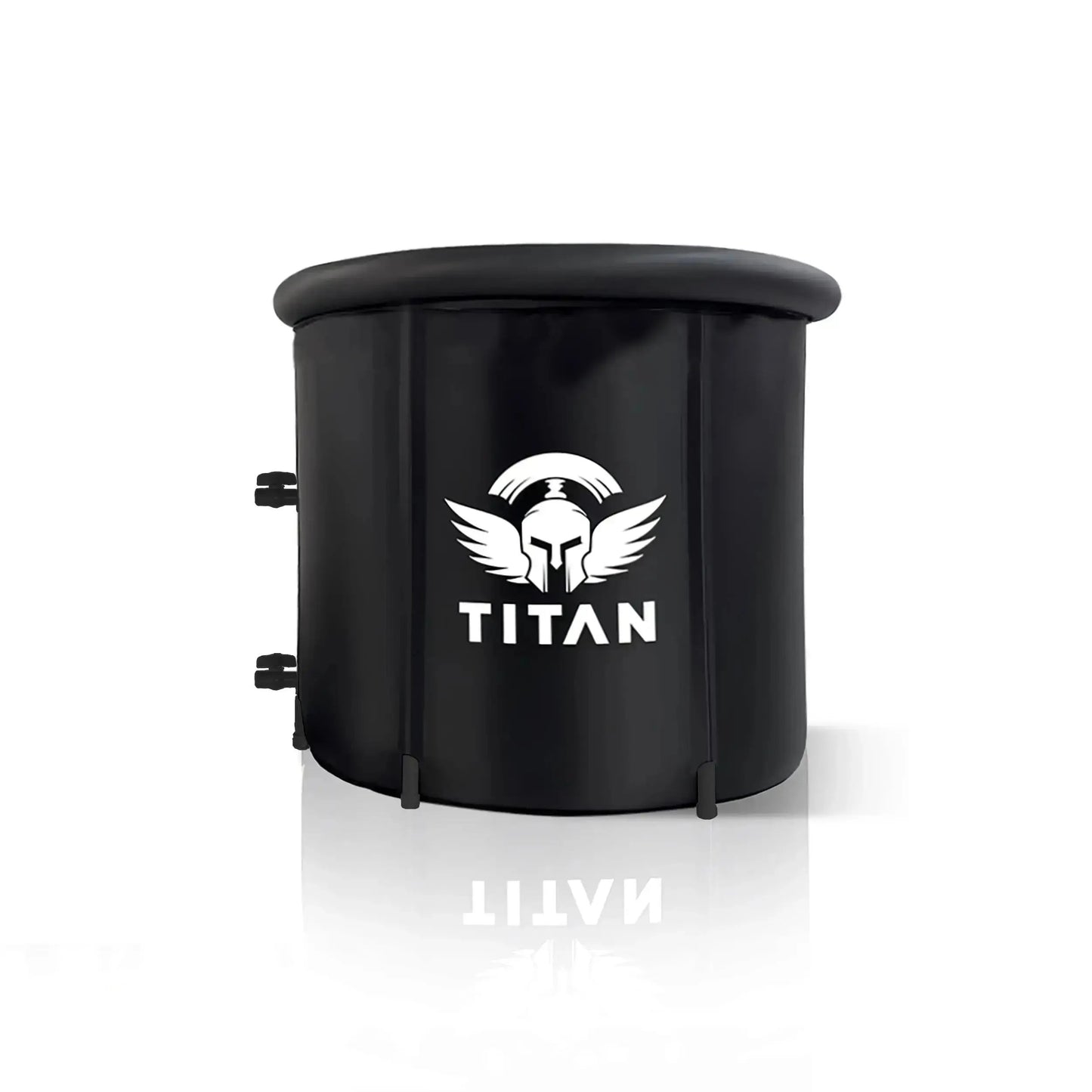 Titan Bravo cold plunge tub, round black portable ice bath, front view with Titan logo and reinforced insulated walls