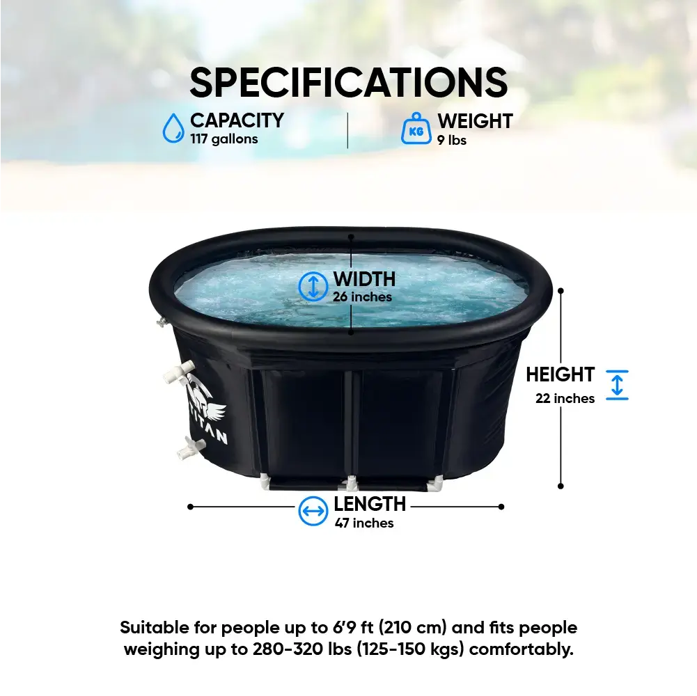 Titan Bravo XL cold plunge specs, oval black tub, 117 gallons, 47 in length, 26 in width, 22 in height, 9 lb, fits users up to 6 ft 9 in and 280 to 320 lb