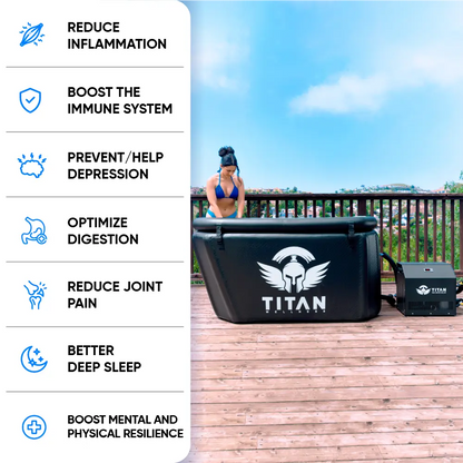 Benefits graphic next to the Titan Triumph XL cold-plunge and external chiller on a deck; left panel lists: reduce inflammation, boost immunity, help depression, optimize digestion, reduce joint pain, better sleep, boost mental & physical resilience.