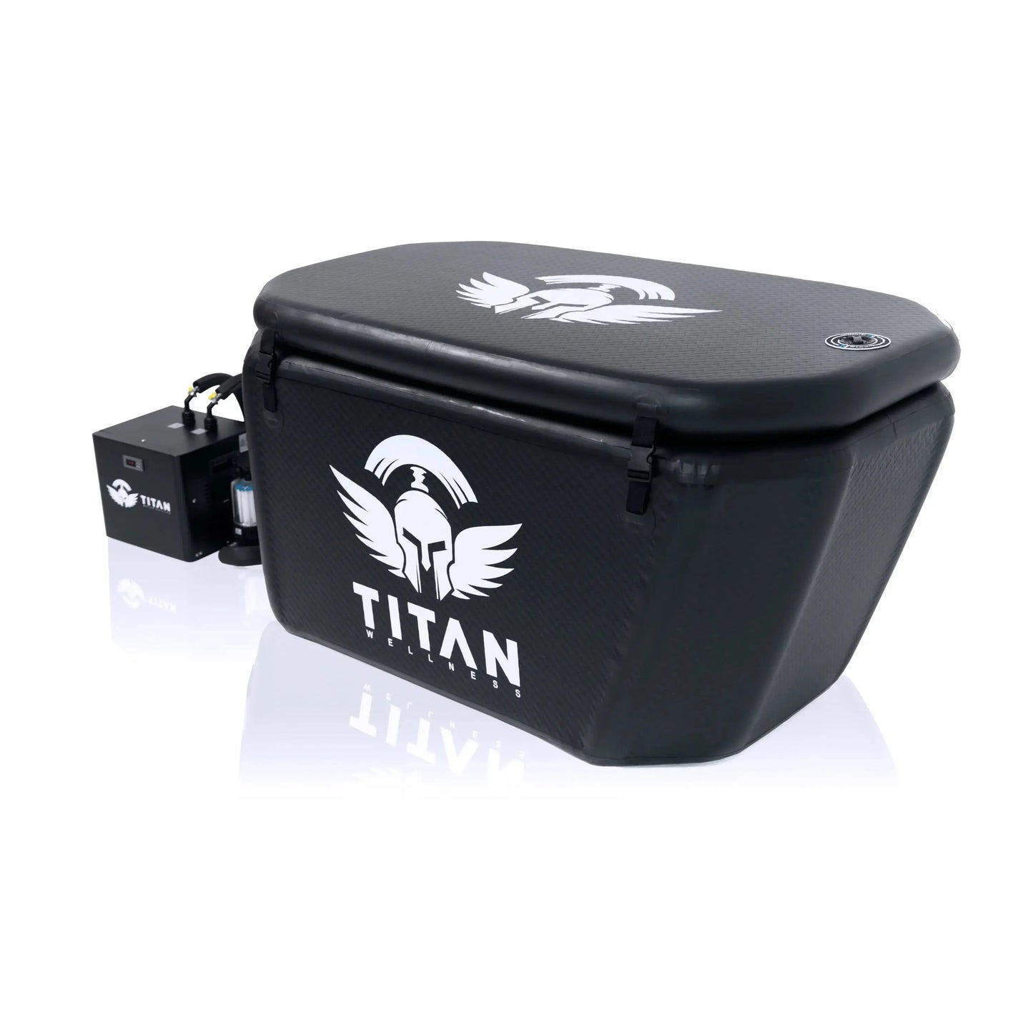 Titan Triumph XL insulated cold-plunge tub with lid closed, angled rectangular shape, connected to a Titan chiller unit with filter on the left.