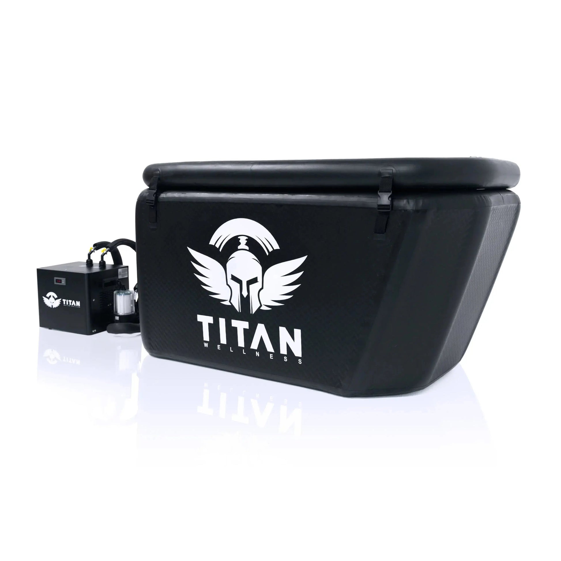Triumph XL cold-plunge tub (black, angled-back) with lid closed and large TITAN logo, connected to a Titan chiller and inline filter on the left.