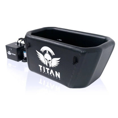 “Triumph XL cold plunge tub in black with white TITAN logo, connected to a TITAN chiller and 20-micron filter; MAX fill mark visible inside.”
