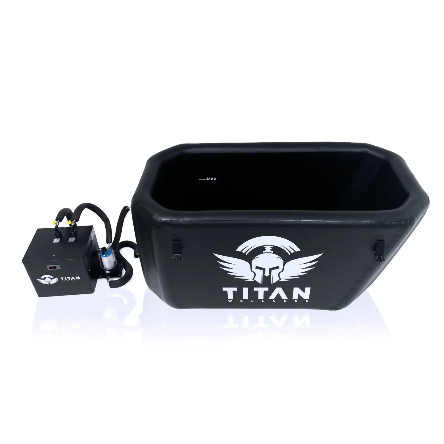“Triumph XL cold plunge tub in black with the TITAN logo, shown from a top-down angle next to the Titan water chiller with hoses and in-line filter; interior ‘MAX’ fill line visible.”
