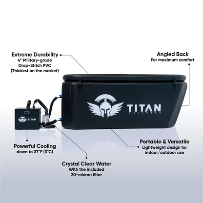 Titan Triumph XL cold plunge with chiller, 4 inch military grade drop stitch PVC, angled back for comfort, cools to 37°F 3°C, 20 micron filter, portable indoor outdoor