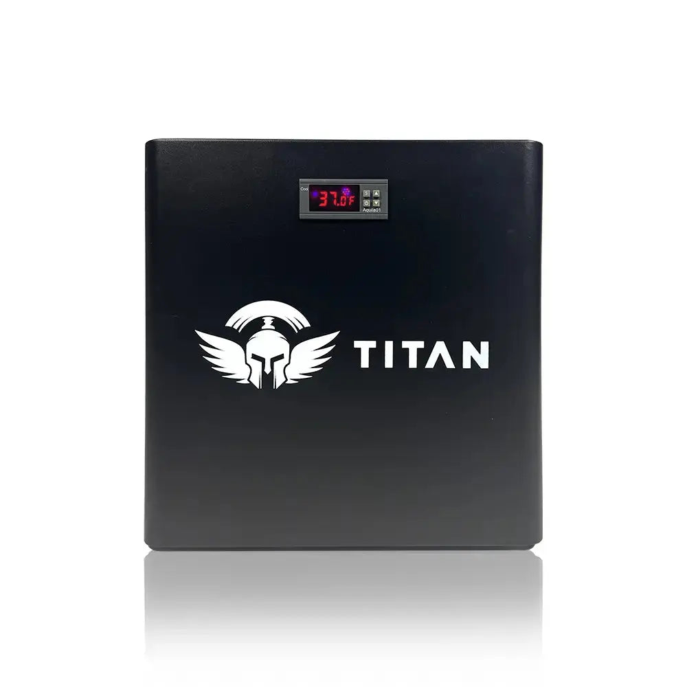 Titan 1/2 HP PRO cold plunge water chiller front view, black housing with 37°F digital display and Titan logo