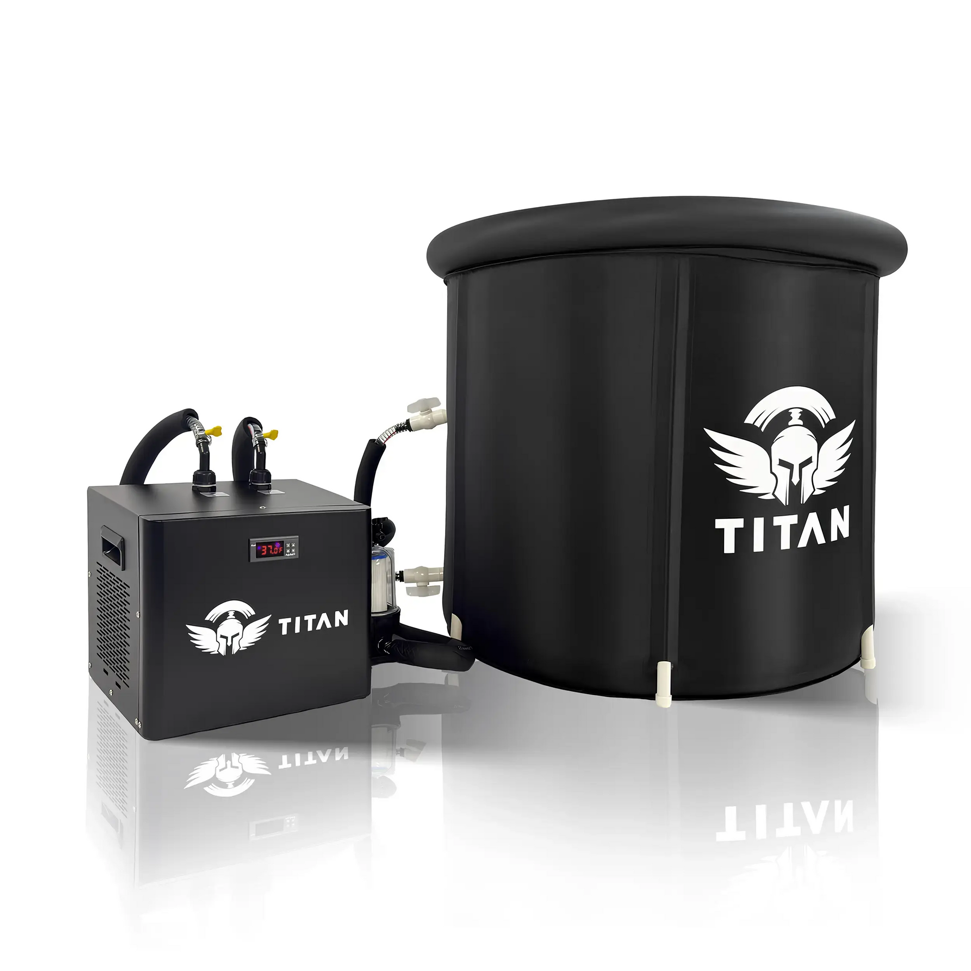 Titan Bravo cold plunge with water chiller, 37°F digital display, insulated hoses and inline filter, round black portable ice bath