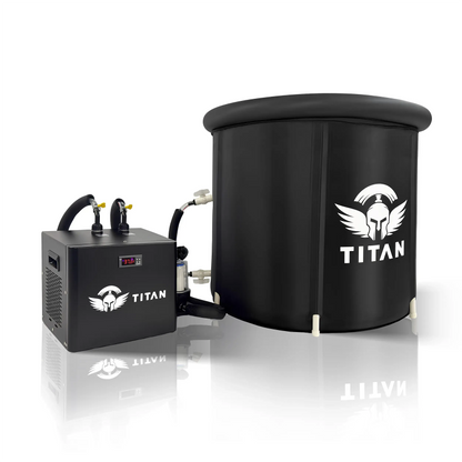 Titan Bravo cold plunge with water chiller, 37°F digital display, insulated hoses and inline filter, round black portable ice bath