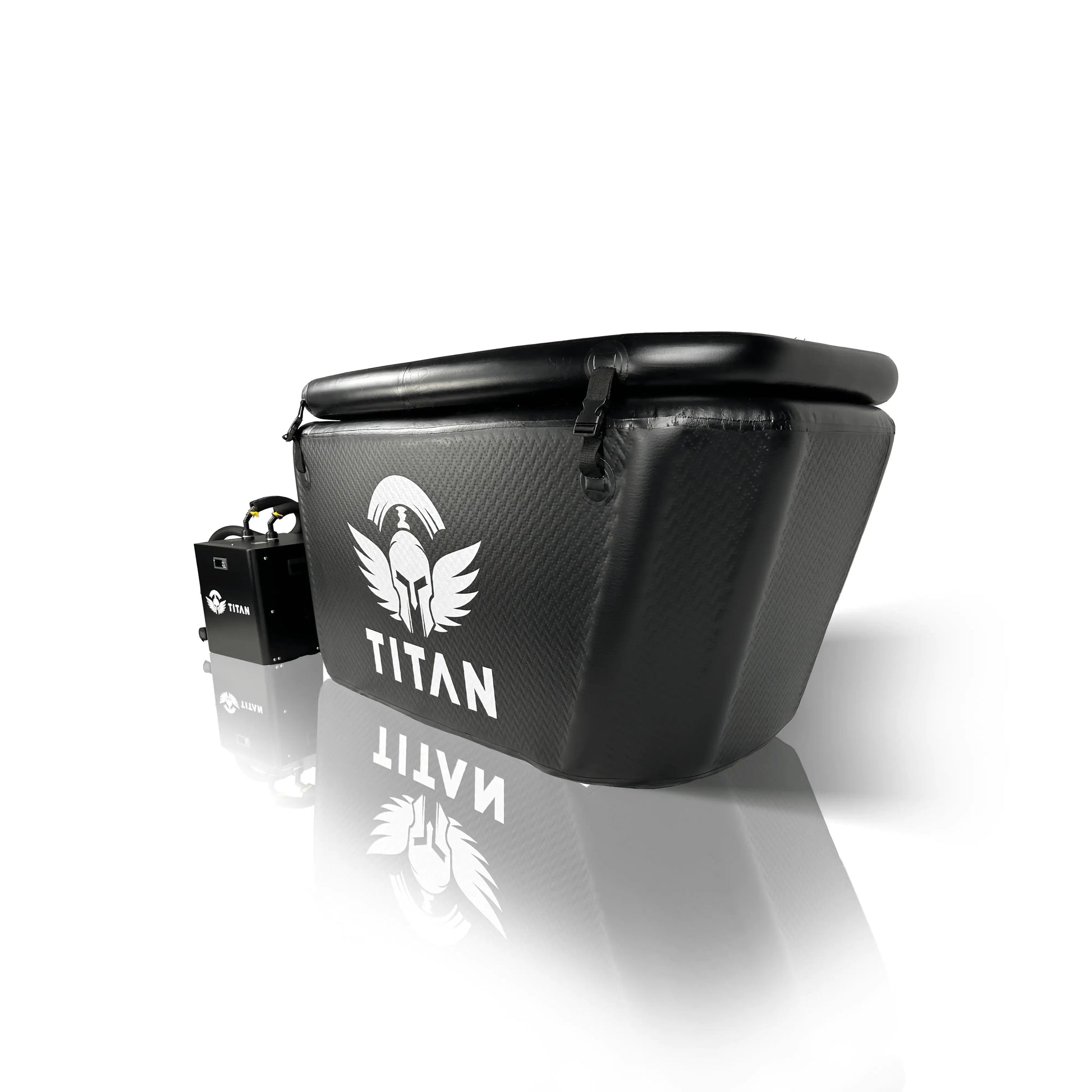 Titan Triumph cold plunge with chiller, oval drop stitch PVC tub with latched cover, portable ice bath setup on white background