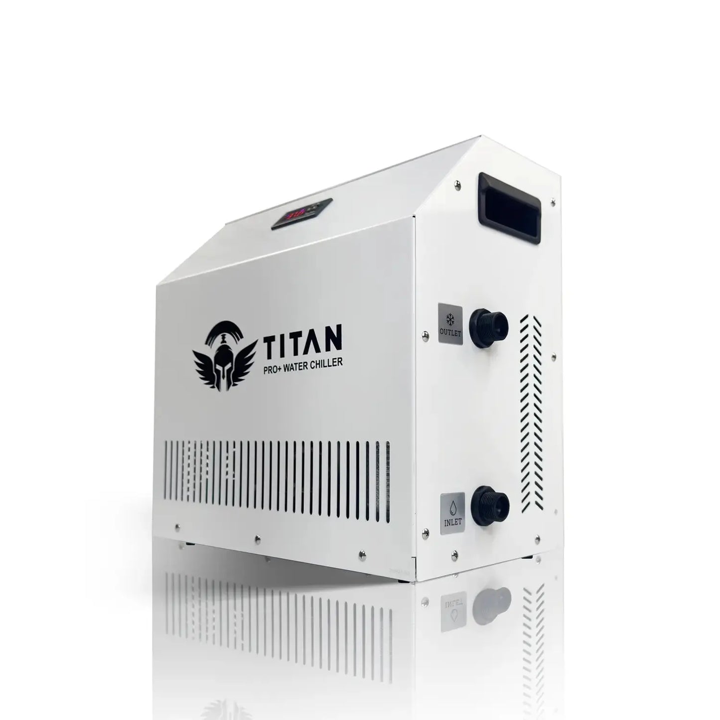 Titan 1 HP Pro Plus white cold plunge water chiller, top digital display, side inlet and outlet ports, vented housing and carry handle