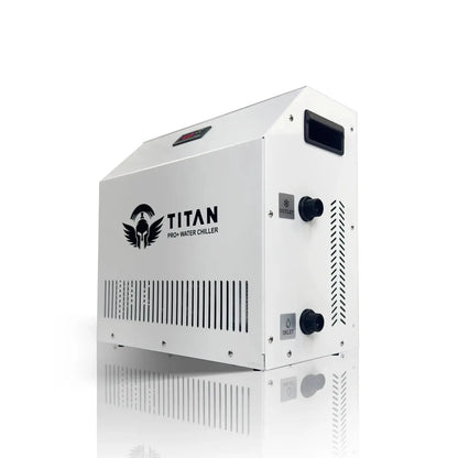 Titan 1 HP Pro Plus white cold plunge water chiller, top digital display, side inlet and outlet ports, vented housing and carry handle