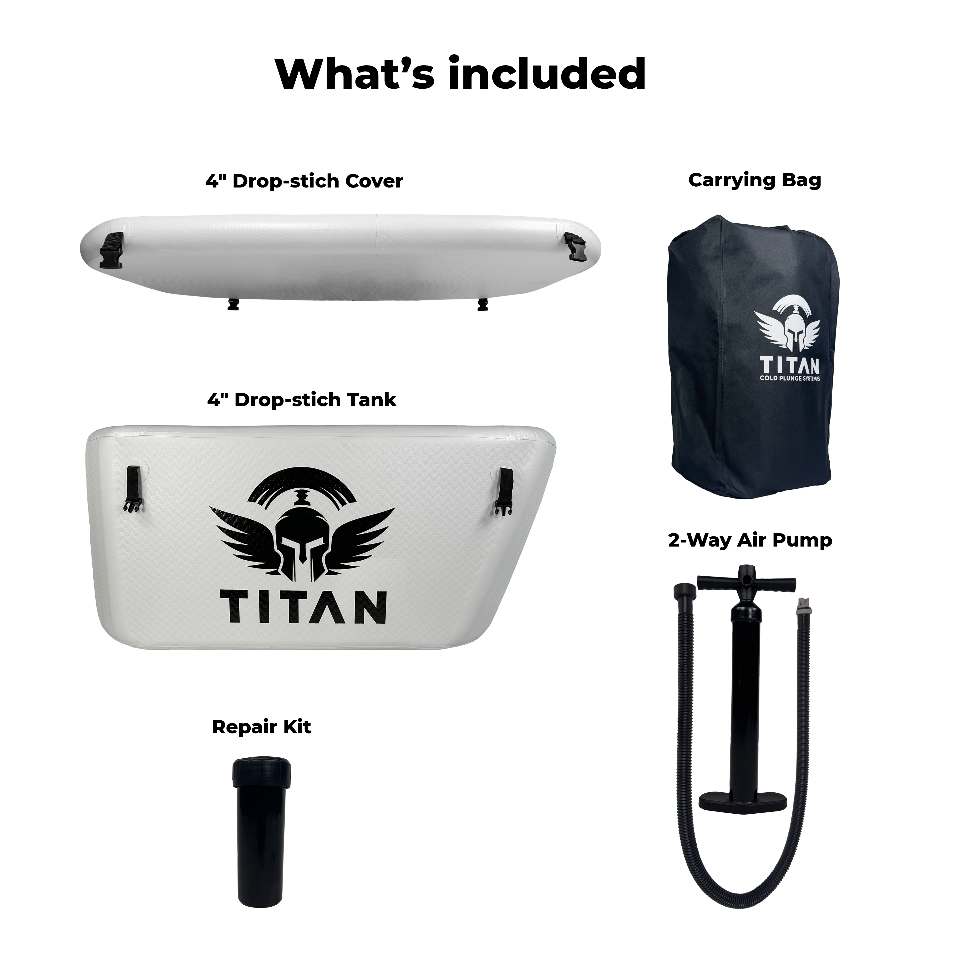 “What’s included: 4-inch drop-stitch cover, 4-inch drop-stitch Titan tank (with logo), carrying bag, 2-way hand air pump, and a small repair kit.”