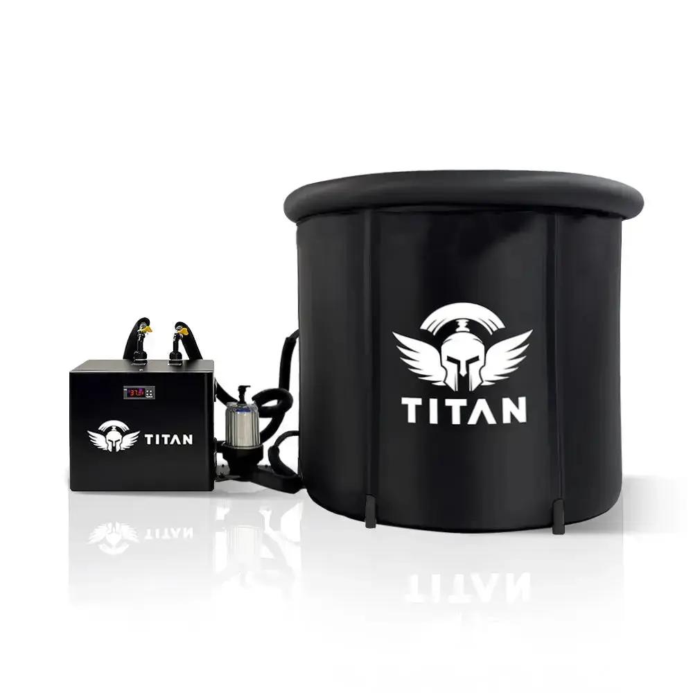 Titan Bravo cold plunge with 1/3 HP Universal Chiller, 37°F display, insulated hoses and 20 micron inline filter, round black tub