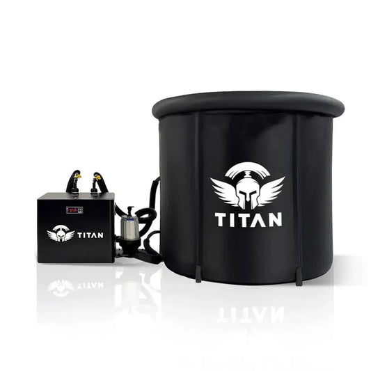 Titan Bravo cold plunge with 1/3 HP Universal Chiller, 37°F display, insulated hoses and 20 micron inline filter, round black tub