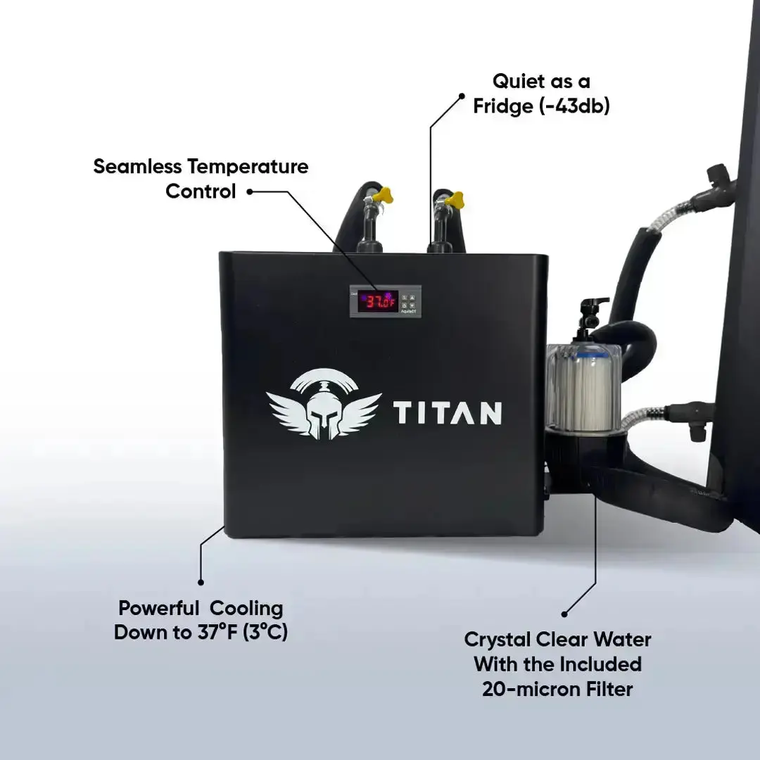Titan cold plunge chiller front view, seamless temperature control, cools to 37°F 3°C, quiet 43 dB, 20 micron filter for crystal clear water