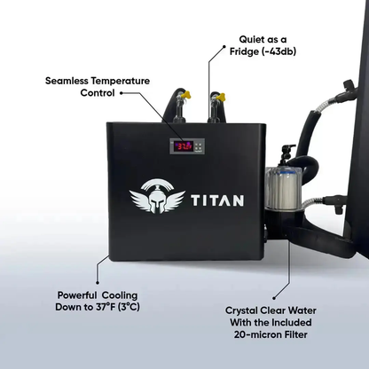 Titan cold plunge chiller front view, seamless temperature control, cools to 37°F 3°C, quiet 43 dB, 20 micron filter for crystal clear water