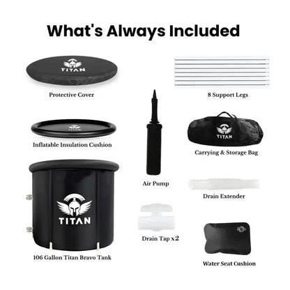 Titan Bravo cold plunge contents, 106 gallon tub, protective cover, 8 support legs, insulation cushion, air pump, carry bag, drain extender, two drain taps, water seat cushion