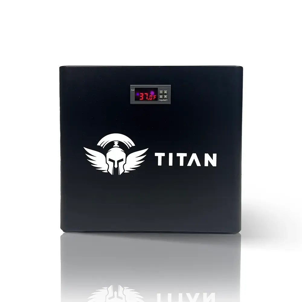 Titan cold plunge water chiller front view with 37°F digital display on black housing, centered Titan logo, white background