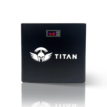 Titan cold plunge water chiller front view with 37°F digital display on black housing, centered Titan logo, white background