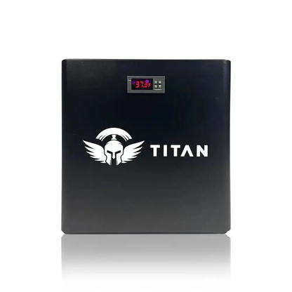 Titan cold plunge chiller front view with 37°F digital temperature display on black housing, Titan logo centered 