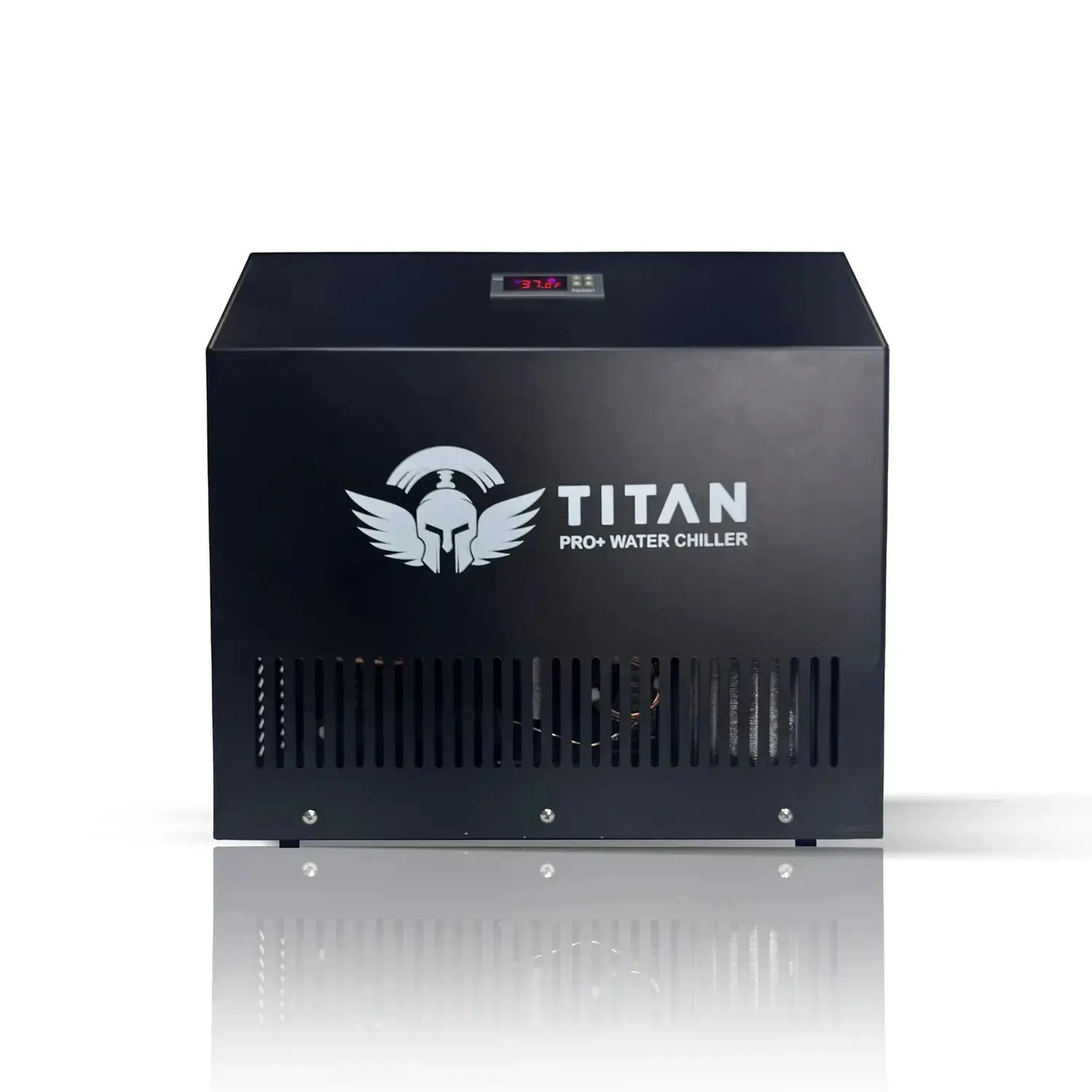 Titan 1 HP Pro Plus cold plunge water chiller, front view, black vented housing with 37°F digital display, high capacity cooling unit