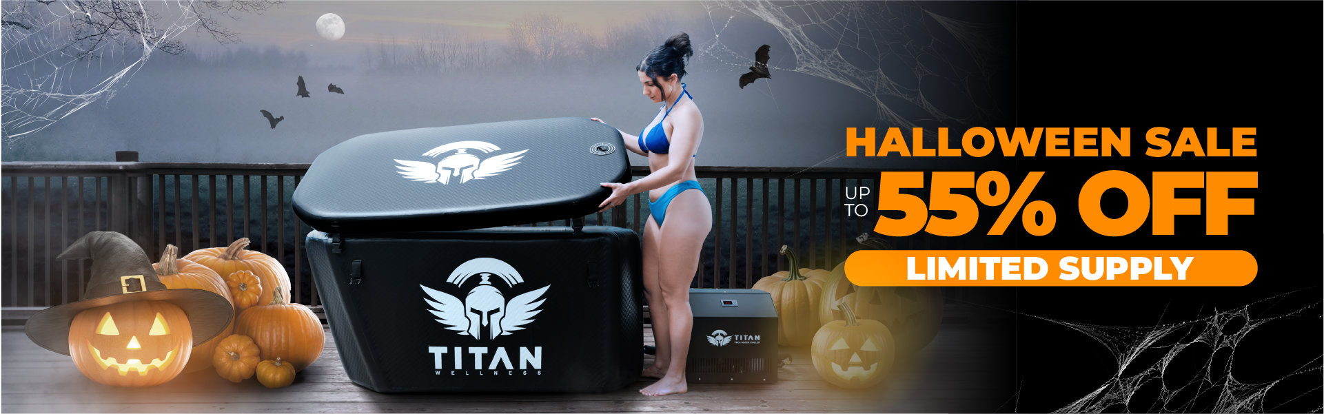 Halloween Sale banner showing a woman lifting the lid of a black TITAN cold plunge beside a chiller on a deck, with pumpkins, jack-o-lanterns, bats, and cobwebs; “Up to 55% OFF – Limited Supply.”