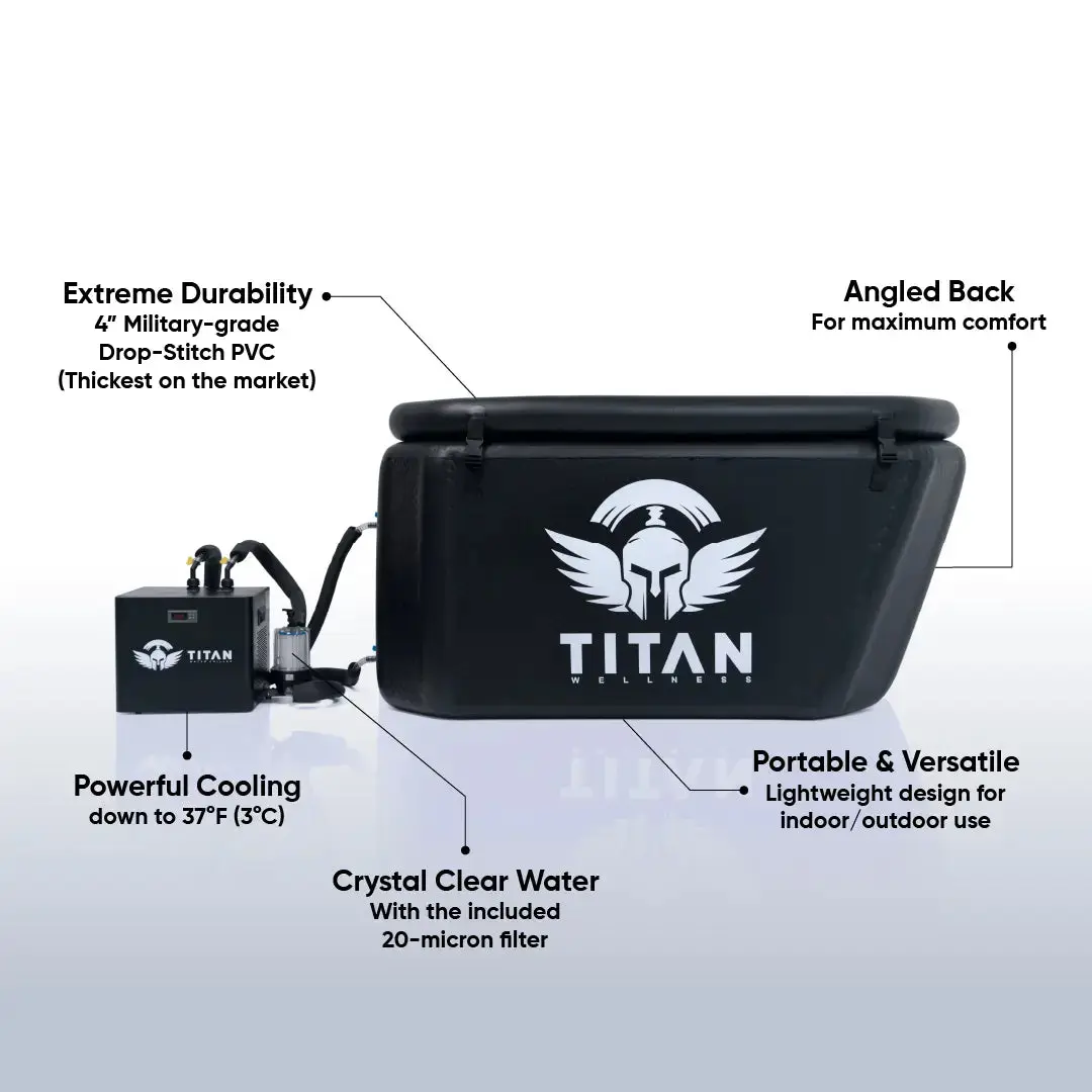 TRIUMPH XL cold plunge with TITAN chiller—feature callouts: 4” military-grade drop-stitch PVC, angled back, portable/versatile, cools to 37°F (3°C), 20-micron filter for crystal-clear water.