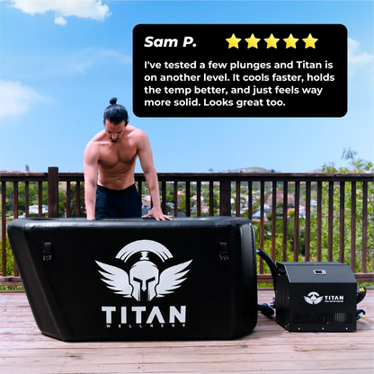 Outdoor deck scene — a shirtless man with a topknot leans over a black TITAN Triumph XL cold plunge tub (large winged-helmet logo) connected to a TITAN Pro+ water chiller on the right, with a “Sam P.” 5-star review text box above.
