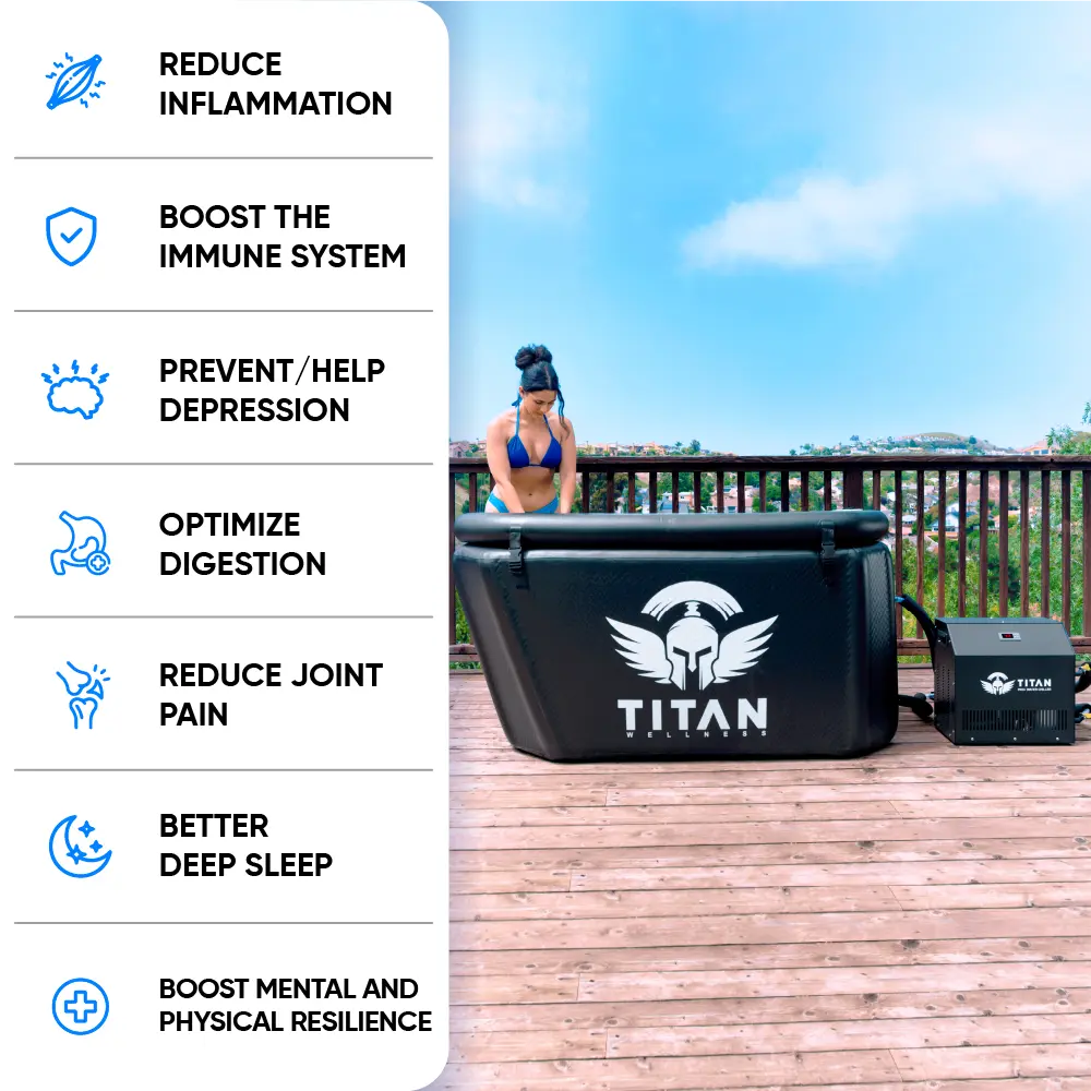 Benefits graphic next to the Titan Triumph XL cold-plunge and external chiller on a deck; left panel lists: reduce inflammation, boost immunity, help depression, optimize digestion, reduce joint pain, better sleep, boost mental & physical resilience.