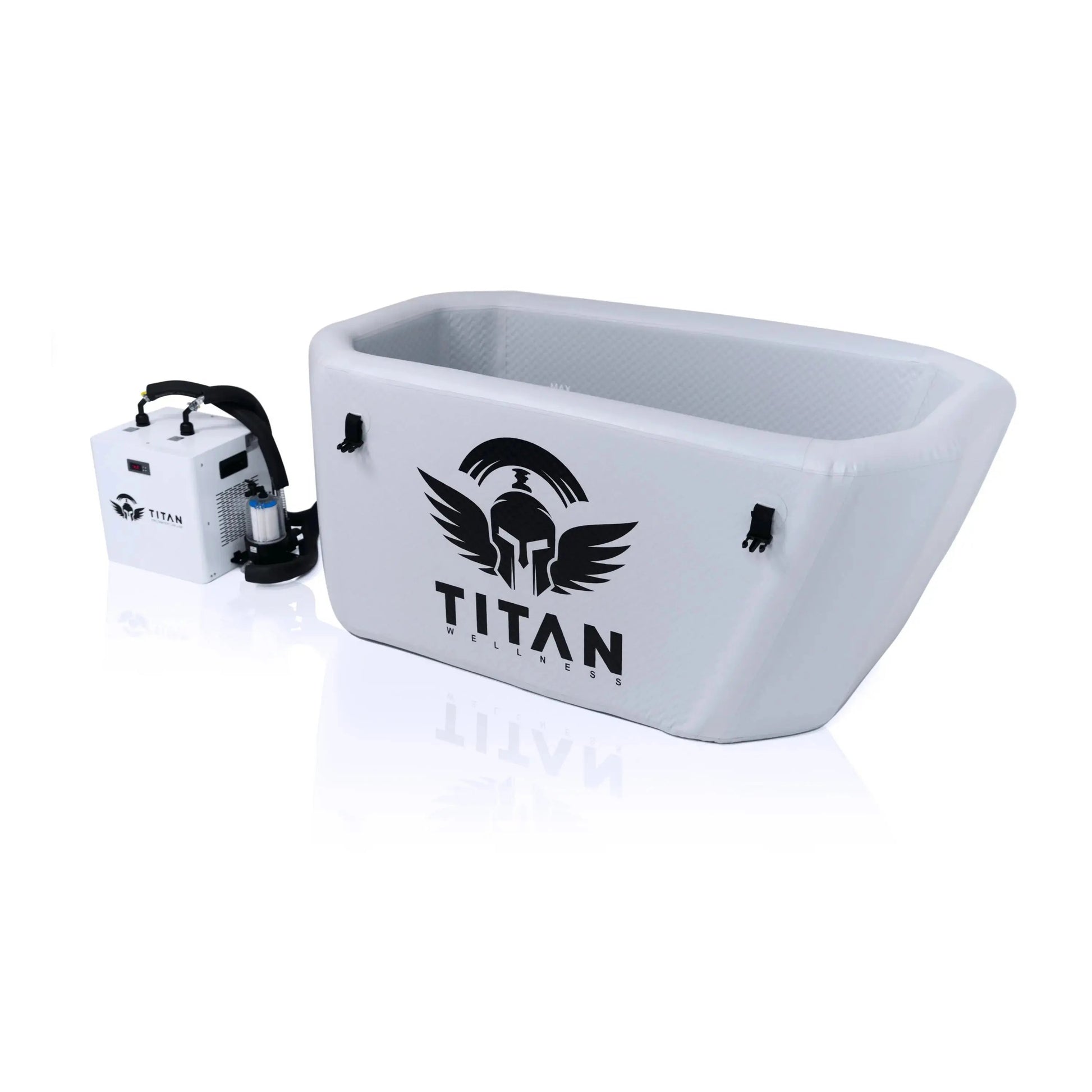 “Titan Triumph XL cold plunge in Arctic White with 1HP Pro+ chiller and 20-micron external filter, angled-rectangular tub view.”