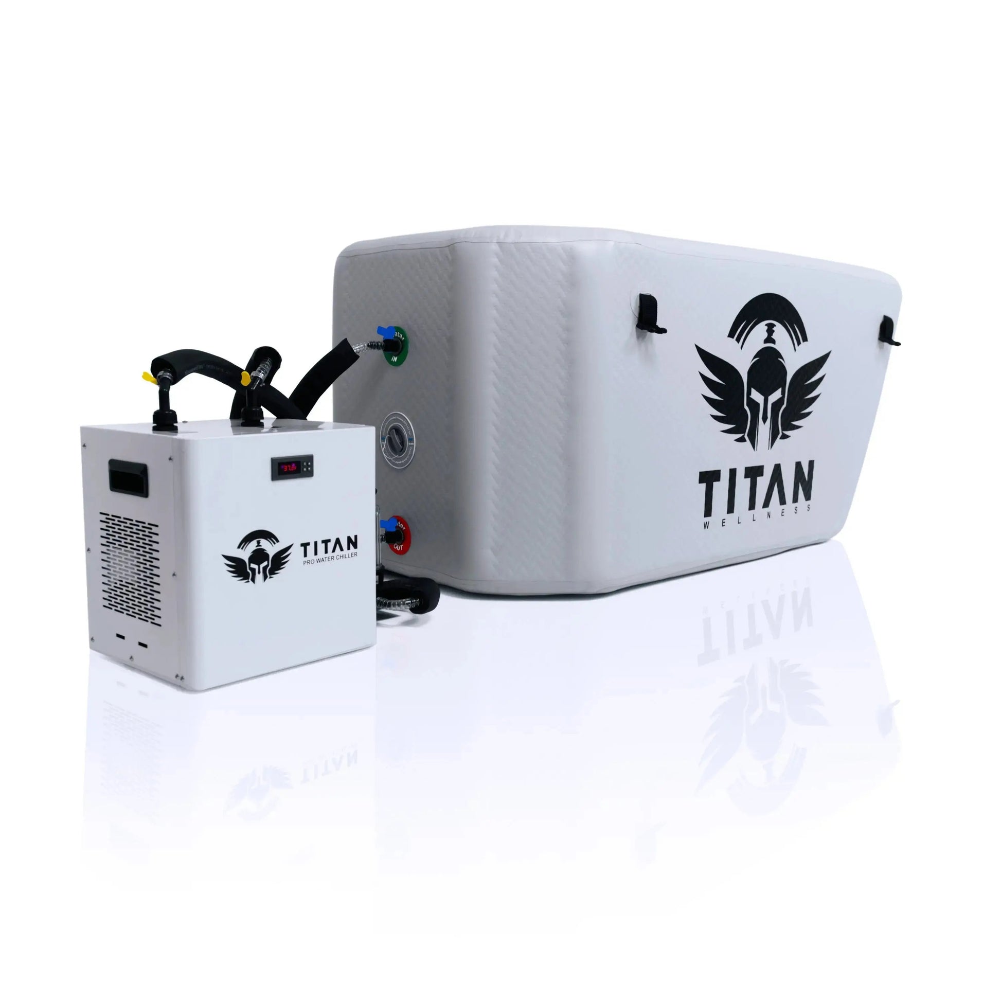 “Titan Triumph XL cold plunge (Arctic White) with 1HP Pro+ water chiller on the left, hoses connected to built-in inlet/outlet ports.”