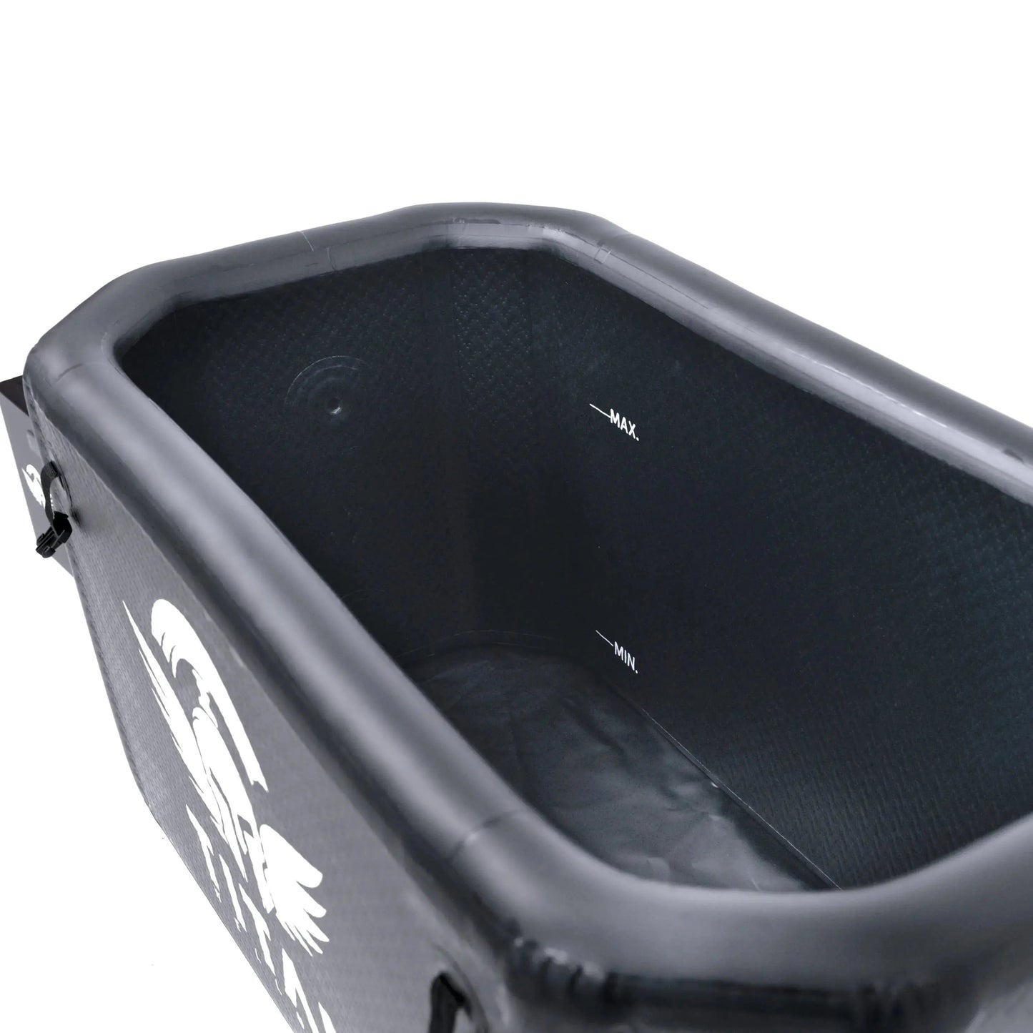 “Close-up of Titan Triumph XL tub interior showing the textured drop-stitch liner and printed MAX/MIN water level marks.”
