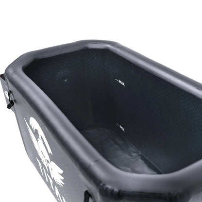 “Close-up of Titan Triumph XL tub interior showing the textured drop-stitch liner and printed MAX/MIN water level marks.”