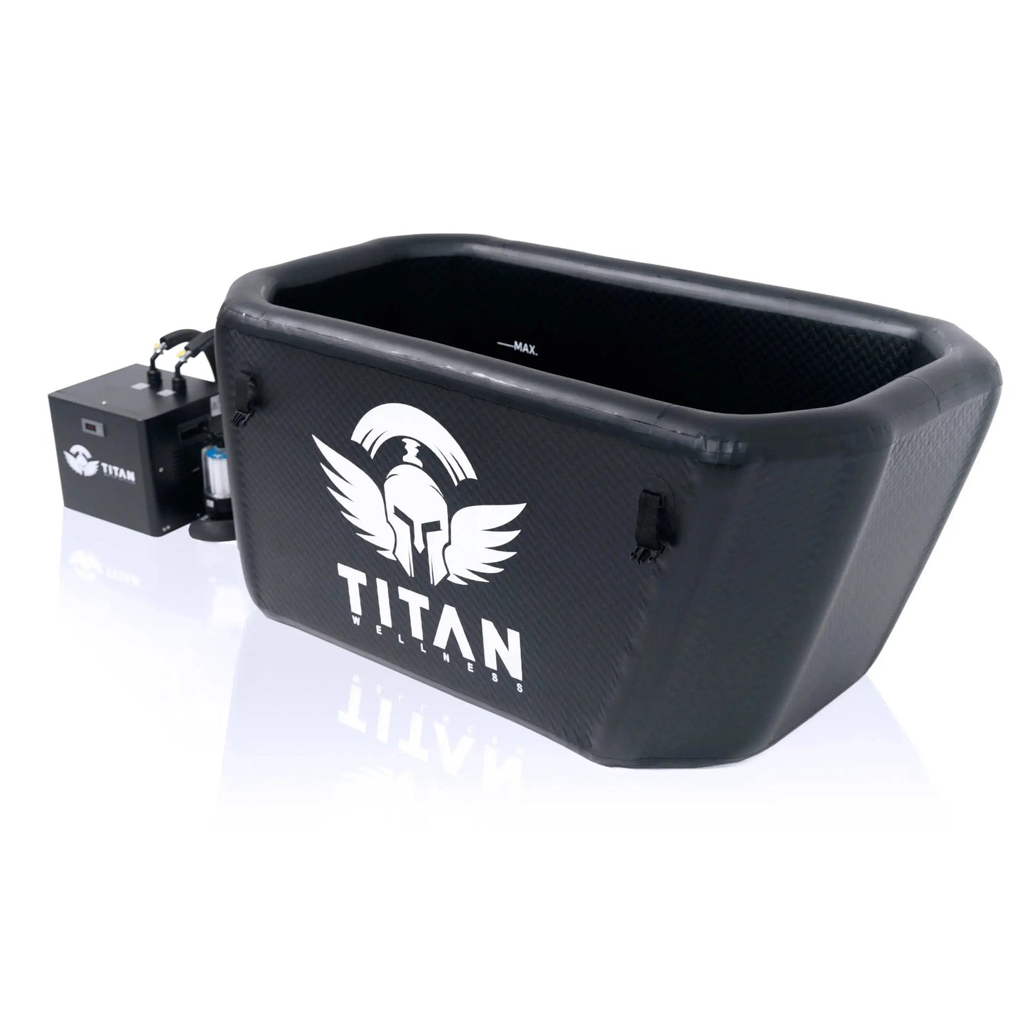 “Triumph XL cold plunge tub in black with white TITAN logo, connected to a TITAN chiller and 20-micron filter; MAX fill mark visible inside.”