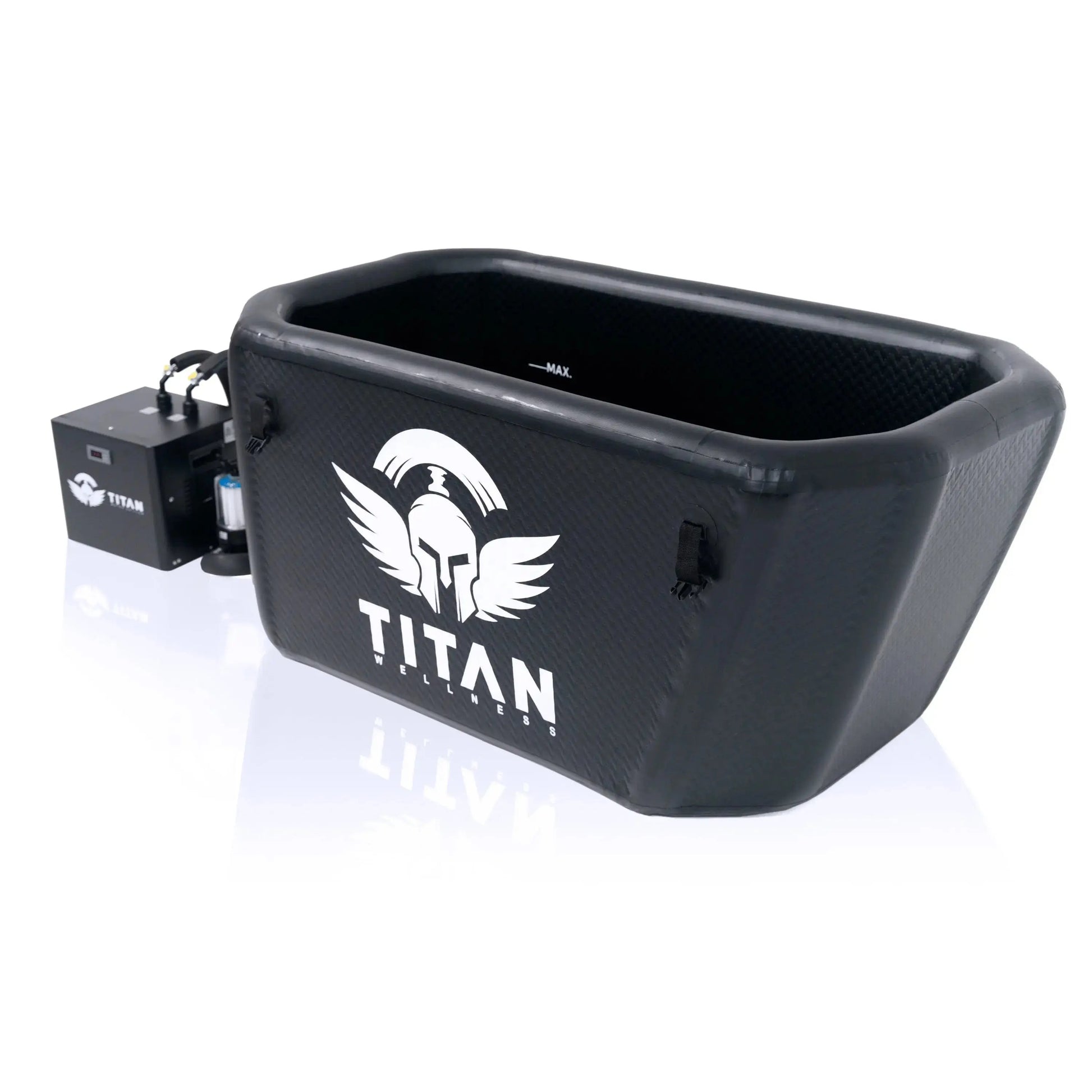 “Triumph XL cold plunge tub in black with white TITAN logo, connected to a TITAN chiller and 20-micron filter; MAX fill mark visible inside.”