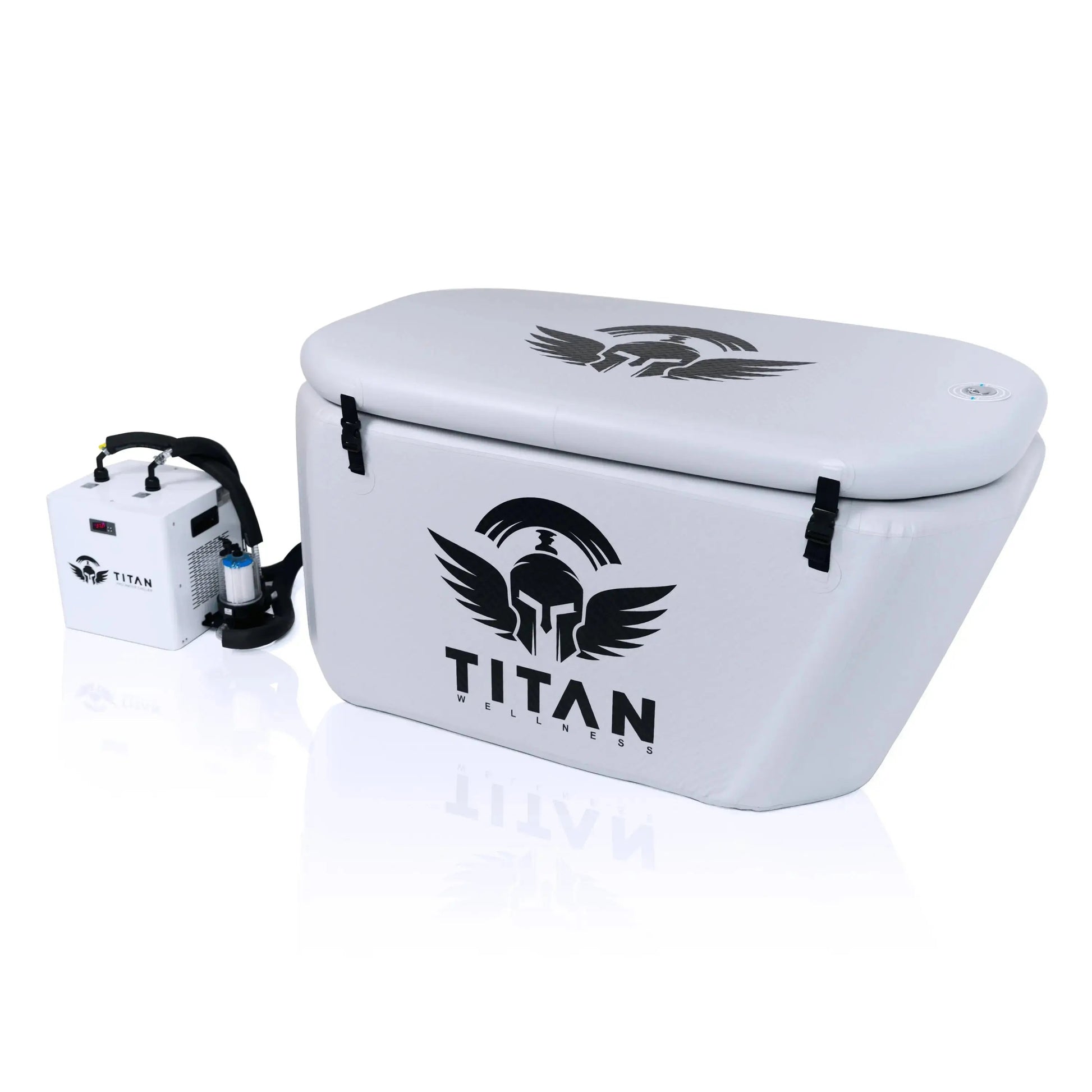  “Triumph XL cold plunge in white with lid closed and latched, connected to a white Titan chiller with inline 20-micron filter (left side).”
