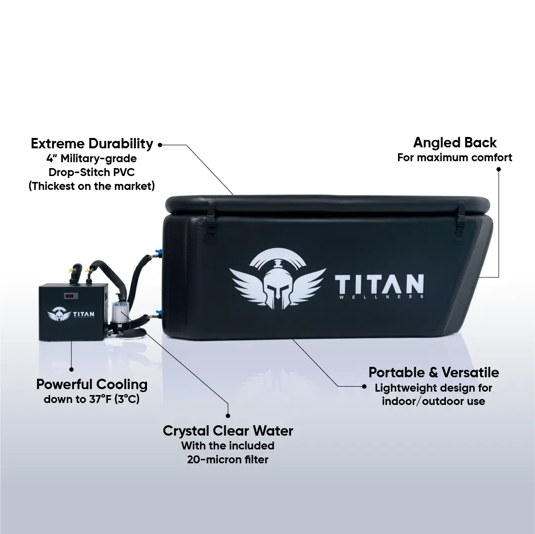 Titan Triumph XL cold plunge with chiller, 4 inch military grade drop stitch PVC, angled back for comfort, cools to 37°F 3°C, 20 micron filter, portable indoor outdoor 