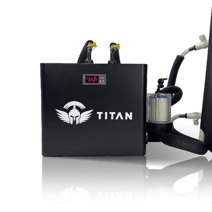 Titan cold plunge water chiller, front view, black housing with 37°F digital display, inlet and outlet hoses and inline filter on white background